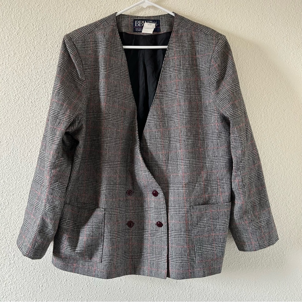 VTG Big Beautiful Women Wool Blend Blazer Sz 42 Gray Glenn Plaid Office Career